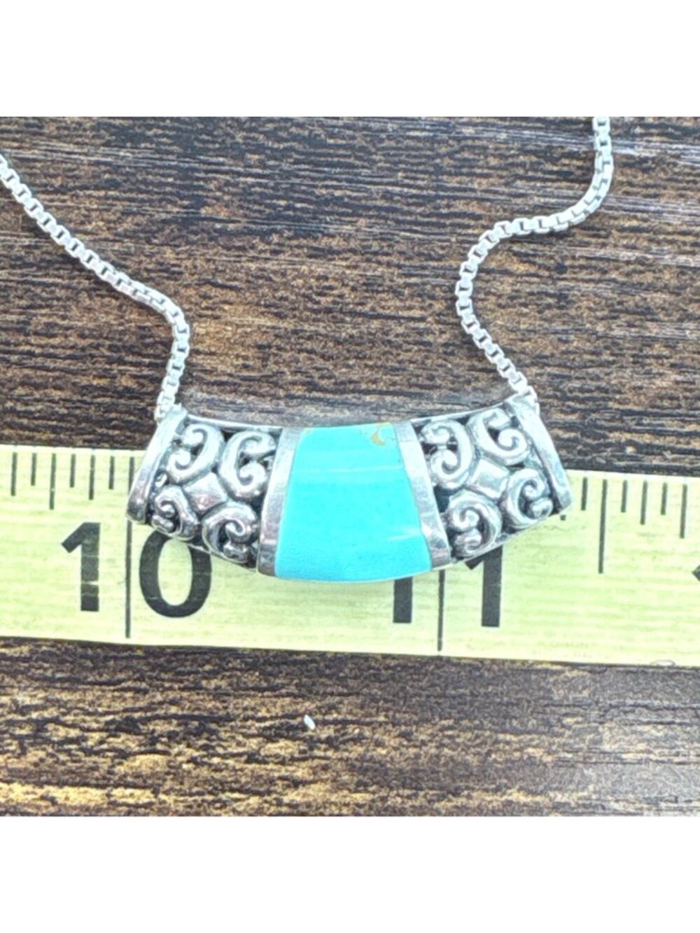 Turquoise & Sterling Silver 925 Scroll Slide Pendant Necklace Size 18" Length - Picture 11 of 13
